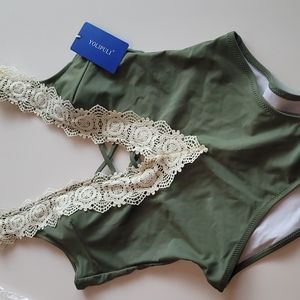 Yolipuli lace trim olive green one piece swimsuit S